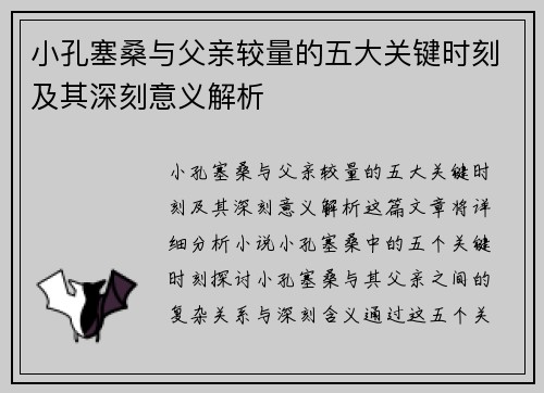 小孔塞桑与父亲较量的五大关键时刻及其深刻意义解析