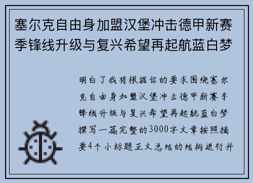 塞尔克自由身加盟汉堡冲击德甲新赛季锋线升级与复兴希望再起航蓝白梦