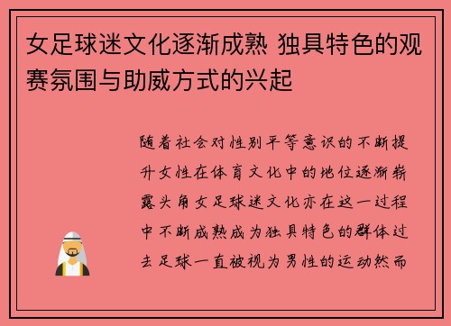 女足球迷文化逐渐成熟 独具特色的观赛氛围与助威方式的兴起